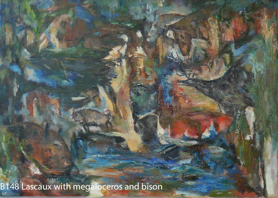 B148 Lascaux with megaloceros and bison canvas 50x70cm Hollingsworth Paul May18. Oil Paintings by Paul Hollingsworth.