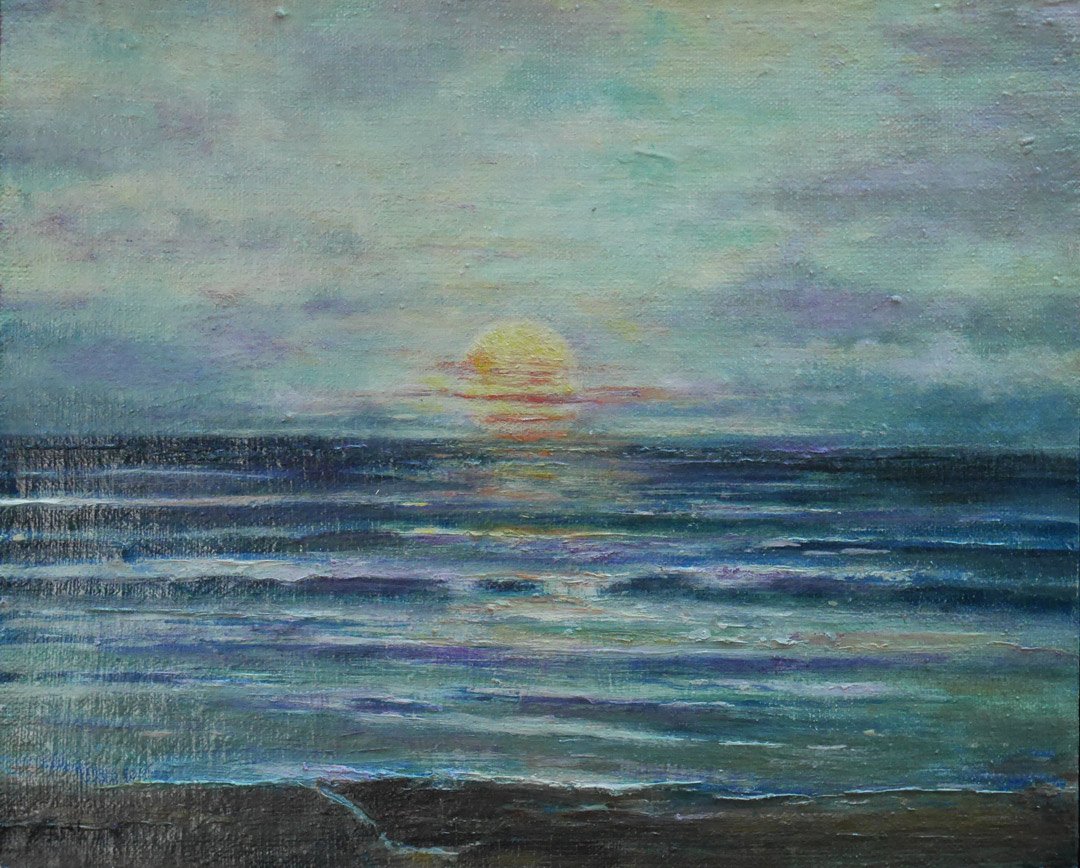 B194 Green glow sun sinking rapidly board 23x28cm 25Aug2019. Oil Paintings by Paul Hollingsworth.